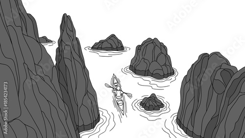 Monochrome adventure: kayaker navigating a rocky seascape