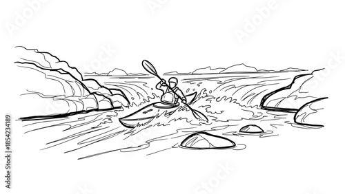 Dynamic kayaking adventure amidst rushing river and rocky landscape in linear style