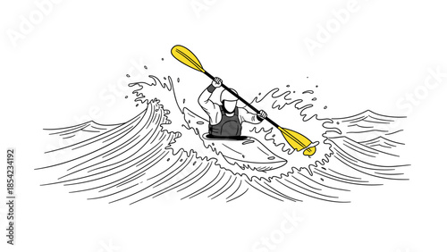 Dynamic kayaker navigating waves in minimalist line art design