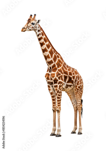 Full-length photorealistic studio portrait of a majestic reticulated giraffe, standing still on a pure white background, elegant reddish-brown geometric patches, clean wildlife study concept