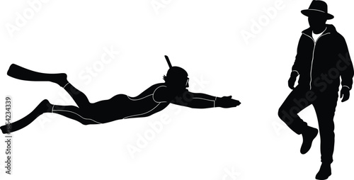 Black Silhouette Set of a Scuba Diver Swimming Underwater with Fins and a Man Wearing a Hat Walking Downstairs on White