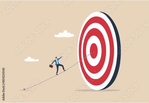 Set goal and take action to achieve goal or target, aiming or motivation to grow business and success, effort or skill to reach goal concept, businessman walking on the line aiming at target bullseye.