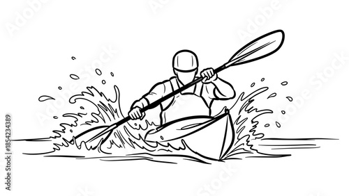 Dynamic kayaker navigating splashing waters in an outline drawing