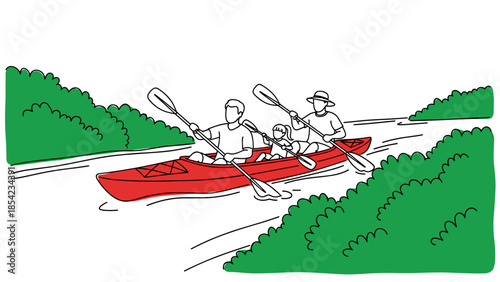 Family enjoying kayaking adventure in nature with scenic river landscape