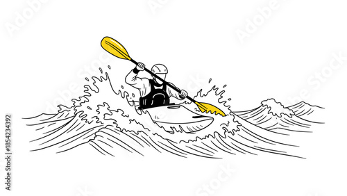 Dynamic kayaking adventure on ocean waves in black and white with yellow highlights