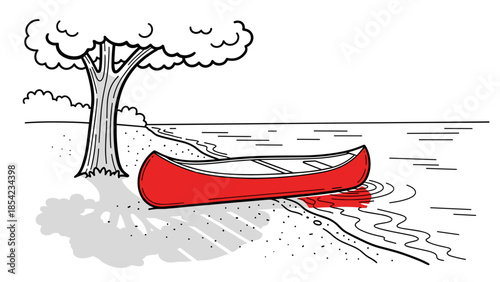 Red canoe by lakeside shoreline with tree in minimalist black and white design