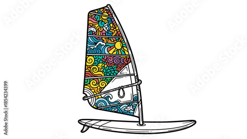 Colorful stained glass windsurfing sail with wave patterns