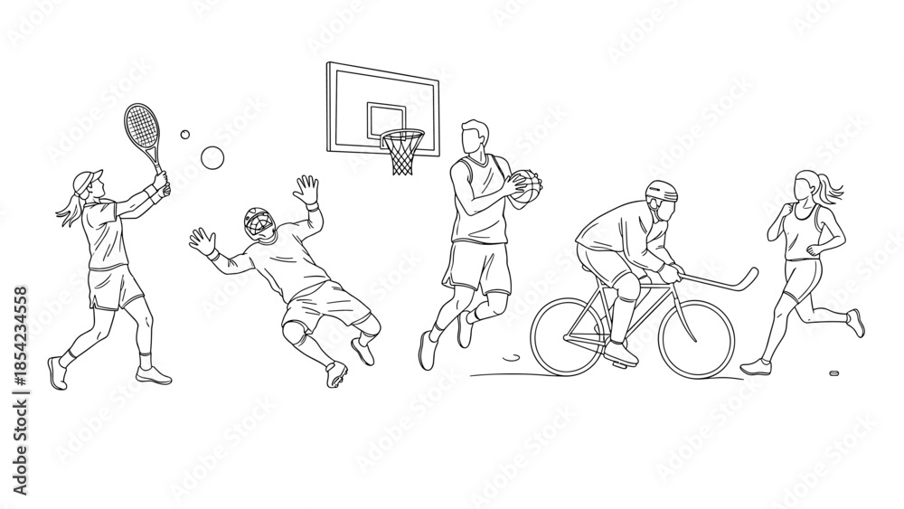 Fototapeta premium Linear outline of various outdoor sports activities in motion