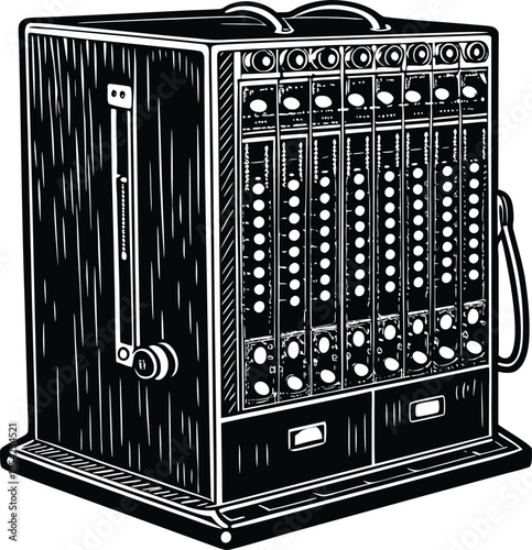 Vintage black and white telephone switchboard with dials and buttons