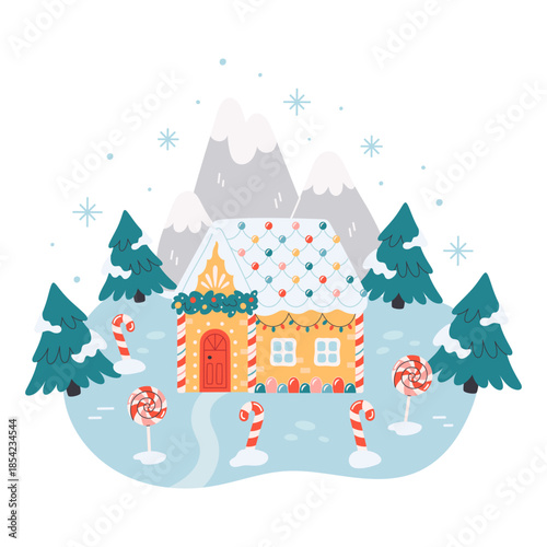 House with festive sweets Christmas decorations and with snow on the roof. Christmas candy shop on snowy winter background. Confectionary store. Flat vector illustration