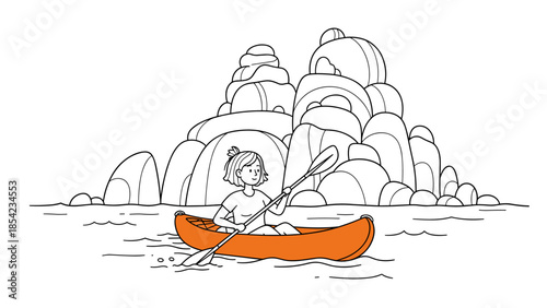 Person canoeing in orange kayak with scenic rock background in minimalist style