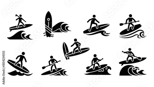 Surfing adventure: dynamic silhouette icons of paddleboarding and surfing on waves