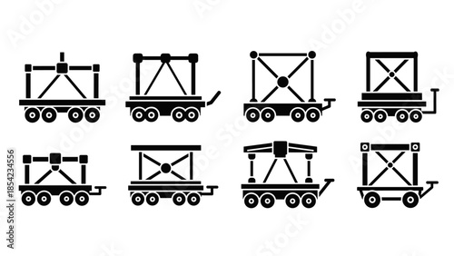 Minimalist handcar icons set with geometric designs on railroad wheels