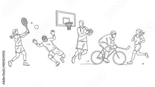 Linear outline of various outdoor sports activities in motion