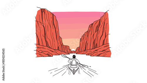 Adventure kayaking through stunning canyon at sunset in minimalist style