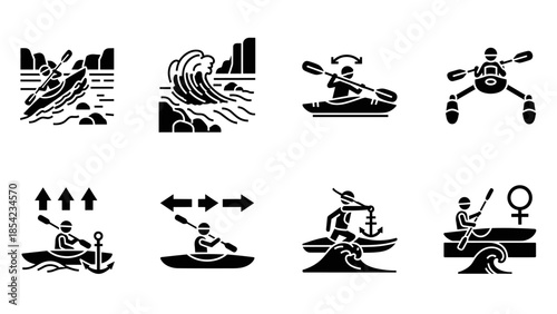 Dynamic kayaking silhouettes set with adventure icons and paddling techniques