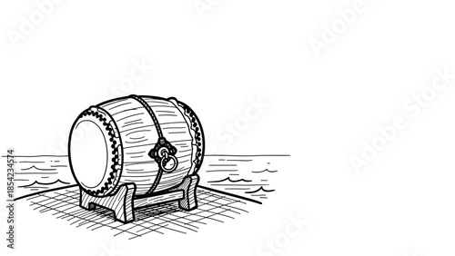 Hand-drawn wooden barrel on beach with rope in black ink style