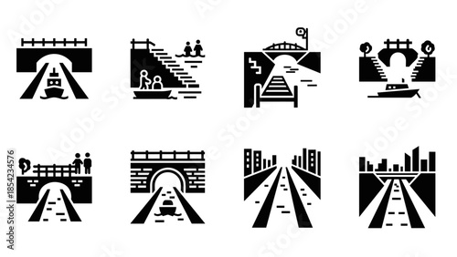 Urban bridge and tunnel icons in minimalist silhouette style