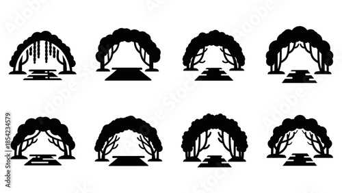 Silhouette tree tunnel icons set: nature pathway designs in black and white