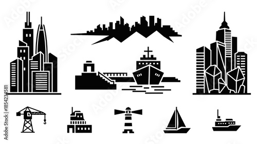 Urban and nautical silhouettes set: cityscapes, ships, and maritime icons
