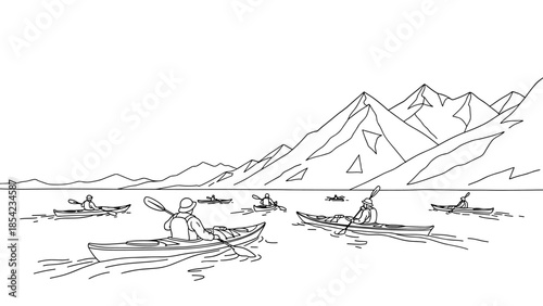 Group of kayakers rowing on tranquil lake with mountain view outline