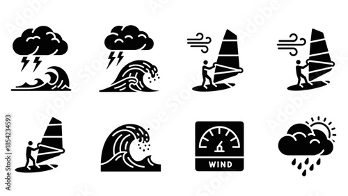 Weather icons for water sports: waves, wind, and rain elements for windsurfing