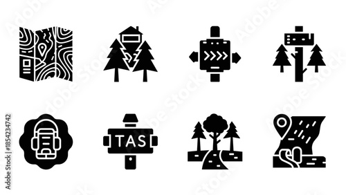 Adventure icons set: camping, map, compass and hiking symbols in bold style