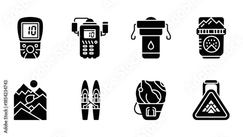 Outdoor adventure gear icons set for hiking and climbing enthusiasts