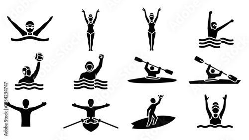 Athletic water sports icons featuring swimming, rowing, and surfing silhouettes