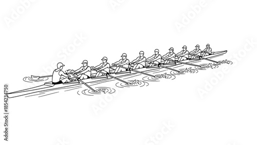 Team rowing sketch: linear outline of athletes paddling in synchrony on water