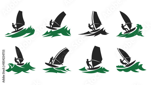 Dynamic windsurfing silhouettes on waves in flat design