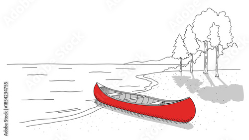 Red canoe on tranquil lakeside beach with forest in minimalist line art style
