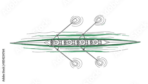 Team rowing in boat drawing with rippling water in minimalist style