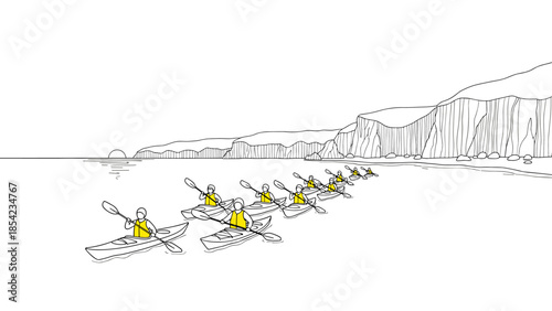 Kayak adventure against majestic cliffs in linear style