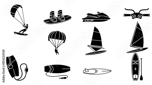 Extreme water sports icons: kiteboarding, windsurfing, and parasailing silhouettes