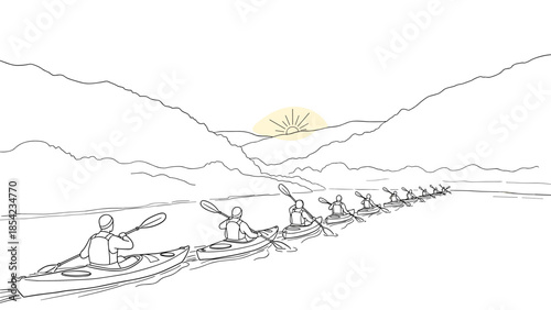 Group kayaking at sunrise: continuous line art of adventurers exploring nature