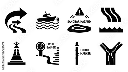 Navigation icons set: silhouette symbols for marine and river safety