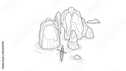 Minimalist line art of kayaker exploring majestic rock formations in tranquil waters
