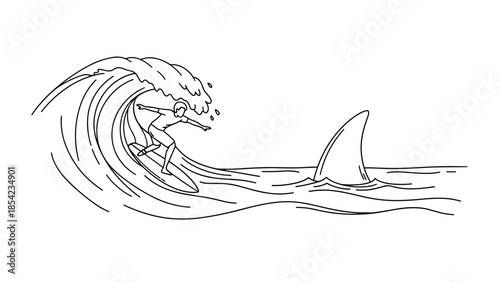 Surfer rides wave with shark fin in minimalist outline drawing