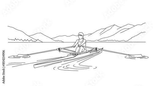 Minimalist line art of woman rowing on serene lake with mountain view