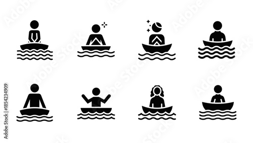 Silhouette icons of people in boats on water waves