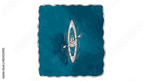 Kayaker on tranquil water surface in hand drawn aerial view