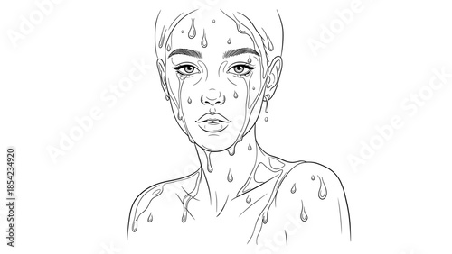 Emotional woman with water droplets on face, black and white line art