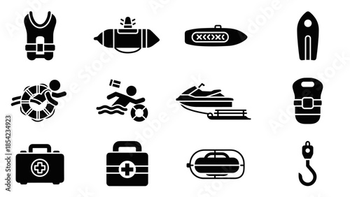 Collection of water adventure and safety icons in black silhouette style