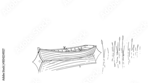 Minimalist linear art of rowboat in serene lake with reeds