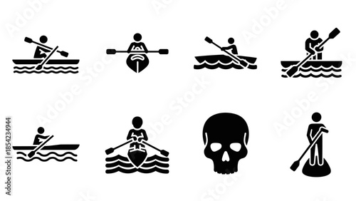 Rowing and canoeing silhouettes with skater skull icon set