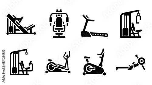 Silhouette icons of gym equipment set on white background