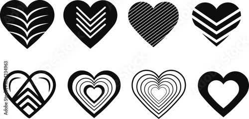 Collection of eight unique black and white heart shapes