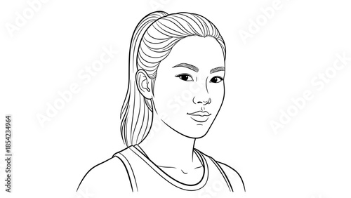 Elegant line art portrait of woman with ponytail on white background