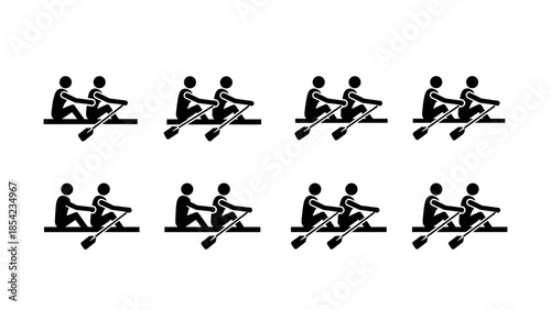 Silhouette style rowing teams in motion: repetitive athletic icons on white